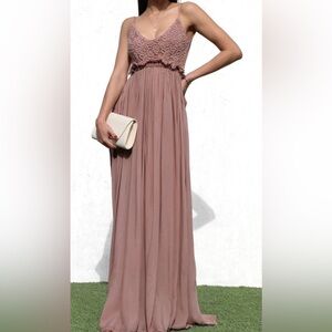 Adym Mocha Lace Empire Vee Open Back Maxi Dress